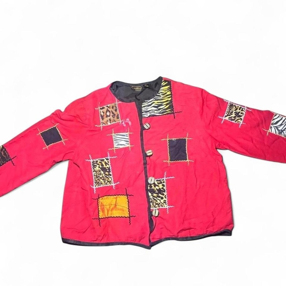 Allure Red Patchwork Jacket with Animal Print Accents